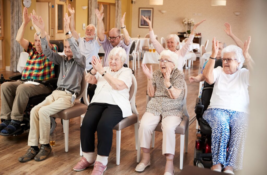 A group of senior citizens participating in group activities in a senior community